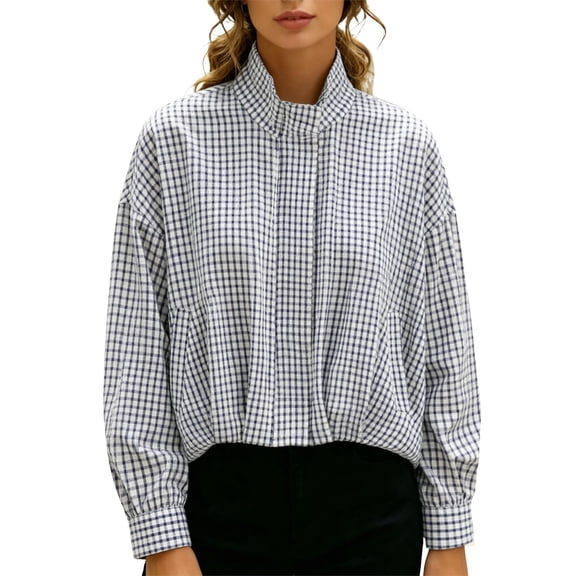 VOUZZA Women Oversized Cropped Gingham Jacket Zip Up Stand Collar with Batwing Sleeves Casual Coat Spring Fall