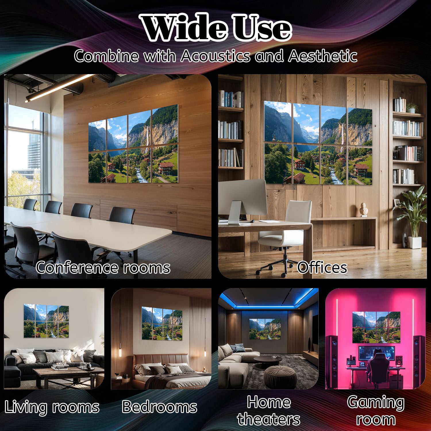 8 Pack Art Acoustic Panels Sound Absorbing Lauterbrunnen valley Switzerland Decorative Soundproof Wall Panels Self Adhesive for Nursery Game Room Bedroom 48"x32"