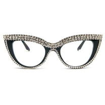 REAVEE 1pc Rhinestone Cat Eye Fake Glasses Non-Prescription Women Vintage Thick Frame Glasses Diamond Eyewear
