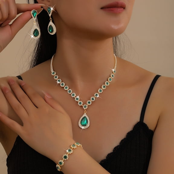 Faty-T Rhinestone Gold Jewelry Sets Bridal Wedding Necklace Earrings Set Diamond Prom Formal Statement Jewelry Set for Women and Brides