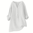 thumbnail image 3 of Blusa con cuello en V y botones estampados para mujer - Camisa informal de lino, diseño a cuadros, para todas las estaciones, ideal para la oficina o para salir de fiesta, 3 of 7