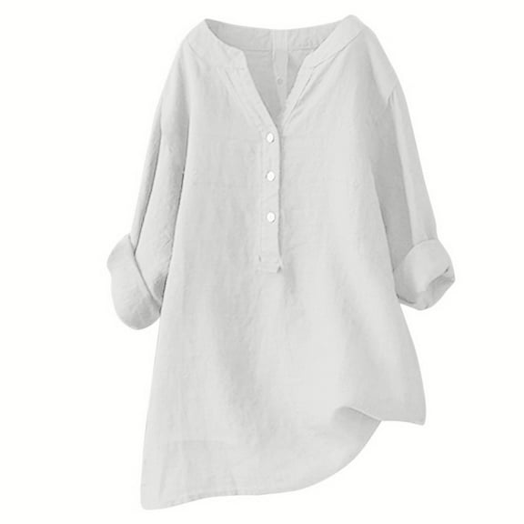 HOWPAY Linen Shirts for Women Summer Long Sleeve V Neck Button up Shirts Work Solid Color Tees Oversized Casual Comfy Y2K Streetwear Beige L