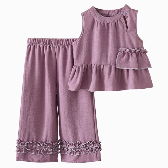 CAICJ98 Girl's 2 Piece Summer Outfits Bow Knot Ruffle Peplum Tank Top and Wide Leg Pants Set Toddler Spring Clothes (Purple,5-6 Years)