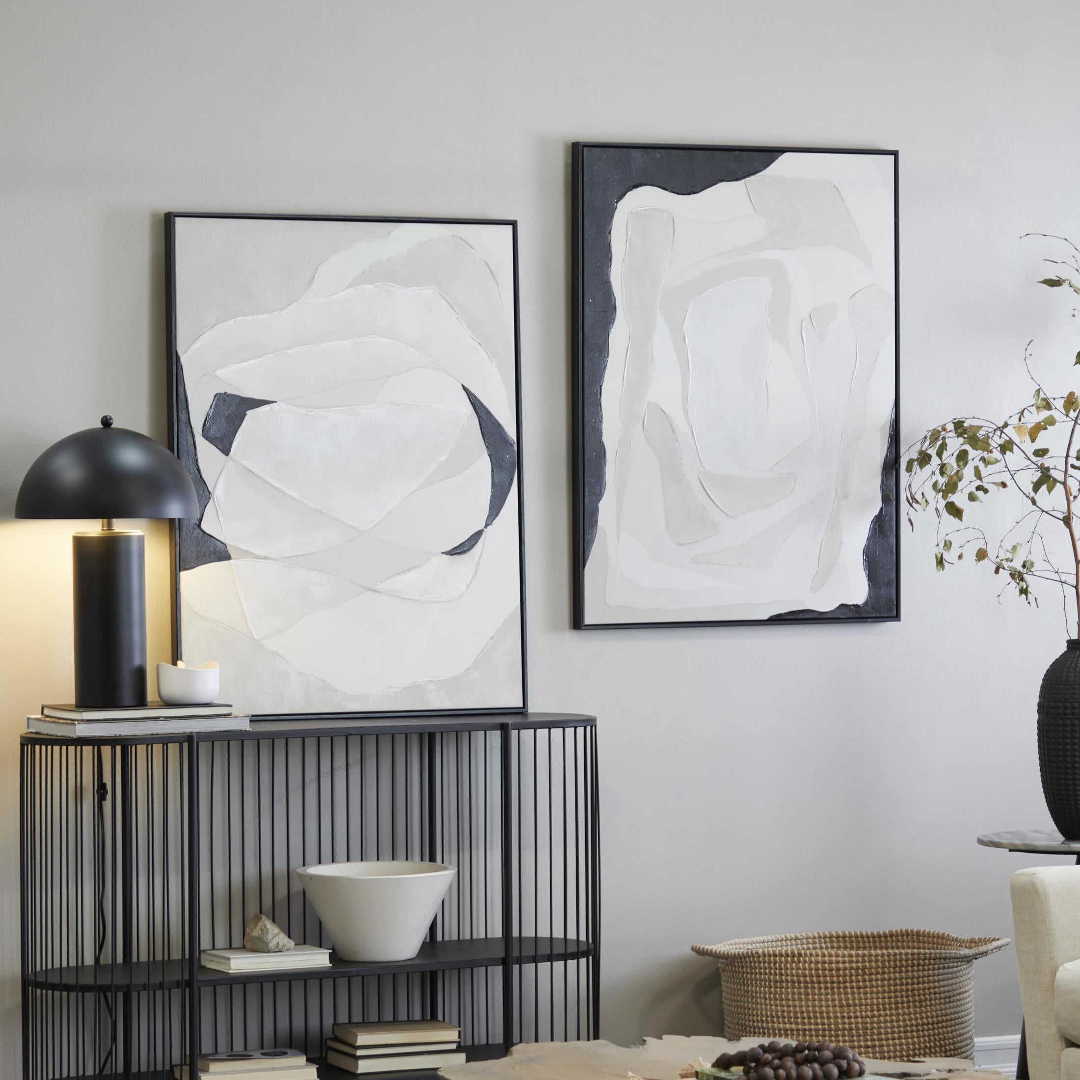 DecMode Contemporary Polystone Black and White Abstract Canvas Framed Wall Art, Set of 2 30"W x 40"H