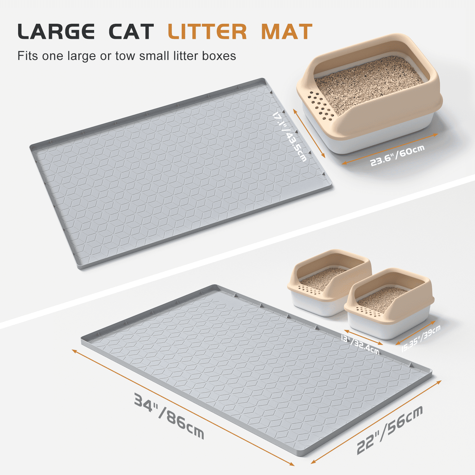Cshidworld Cat Litter Box Mat, Large 34" X 22" Silicone Cat Mat for Litter Box, Waterproof & Non-Slip Pad for Floor, Easy to Clean Kitty Litter Pads for Indoor Cats, Gray