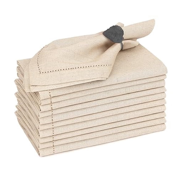 Ruvanti Premium Linen Napkins Set of 12-20x20 Inch, Classic Hemstitch, Mitered Corner Cloth Napkins - Soft, Elegant Dinner Napkins Cloth Washable for Weddings, Parties, Everyday Use - Natural