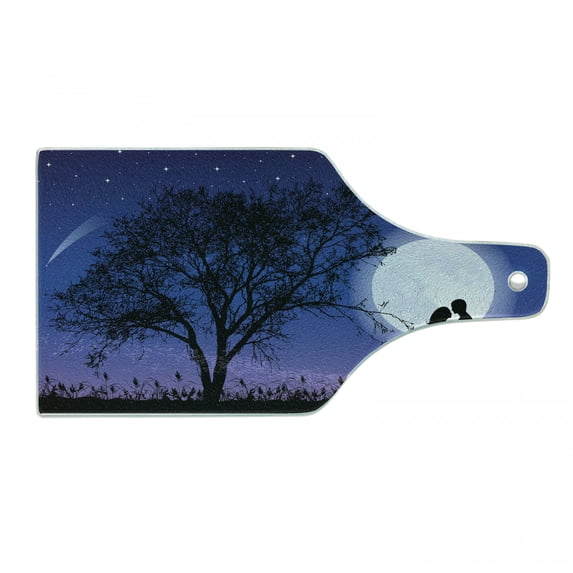Night Cutting Board, Romantic Composition with Full Moon Sky Tree Man and Woman in Love Hugging, Decorative Tempered Glass Cutting and Serving Board, Wine Bottle Shape, Black Blue White, by Ambesonne