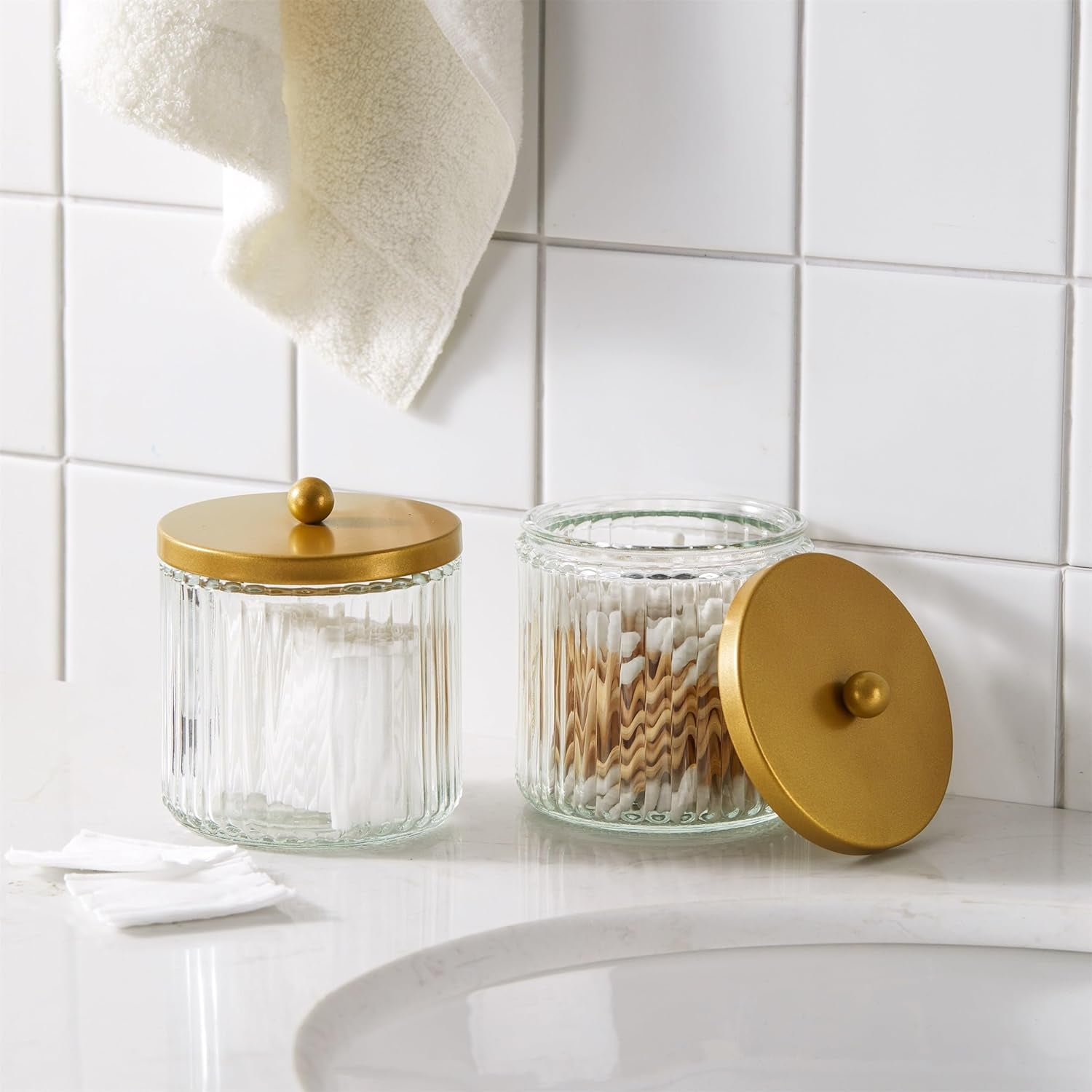 Matte Gold Set of 2 Glass Qtip Holder Dispenser Set for Cotton Ball, Swab, Round Pads, Floss Picks - Bathroom Canister Storage Organization and Vanity Makeup Organizer