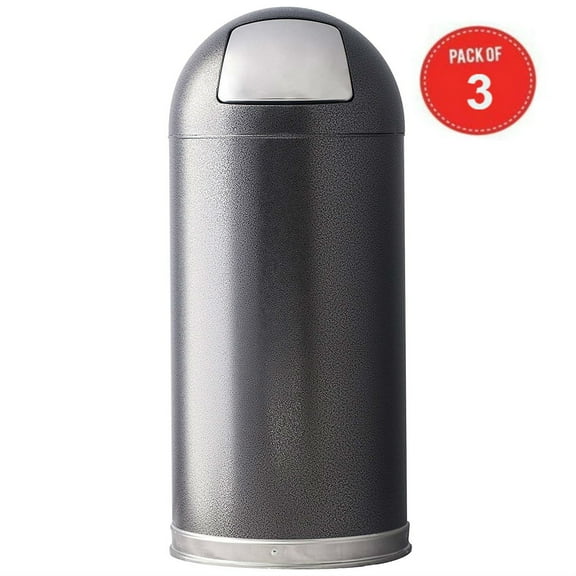 Witt Industries Steel 15-Gallon Standard Dome Top Indoor Waste Receptacle with Galvanized Liner and Push Door, Round, Silver (Pack of 3)