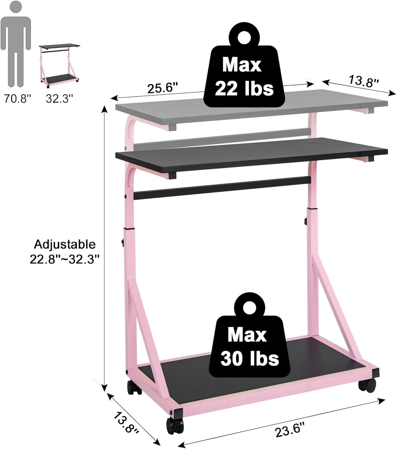 Computer Tower Stand, 2-Tier CPU Stand with Lockable Wheels, Adjustable Height PC Stand for Floor, Mobile PC Laptop Standing Table for Home Office (Black)
