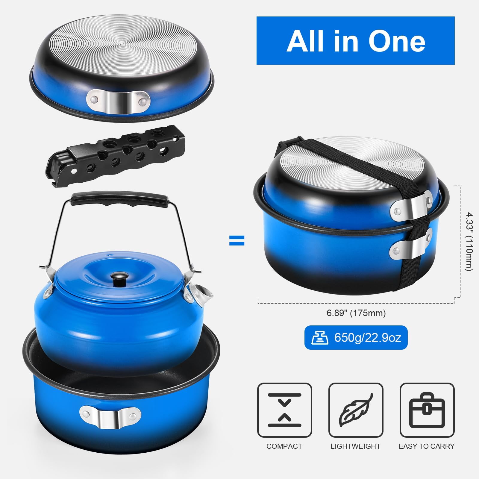 5pcs Camping Cookware Non-stick Pot And Pan Set With Kettle Removable Handle For Hiking Backpacking Picnic
