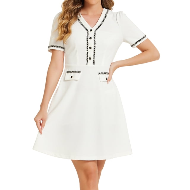 Vestido evasé texturizado Allegra K manga corta media tapeta cuello en V blanco L