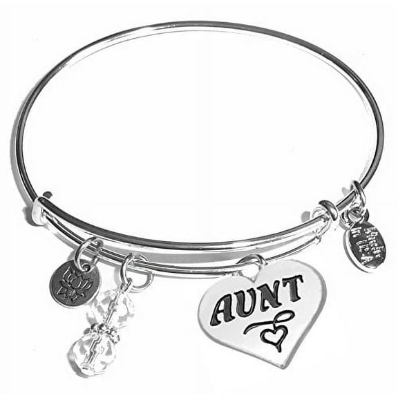 Aunt - Women's Stainless Steel Message Charm Expandable Wire Bangle Bracelet, Very Popular and Stylish, Arrives in a Gift Box