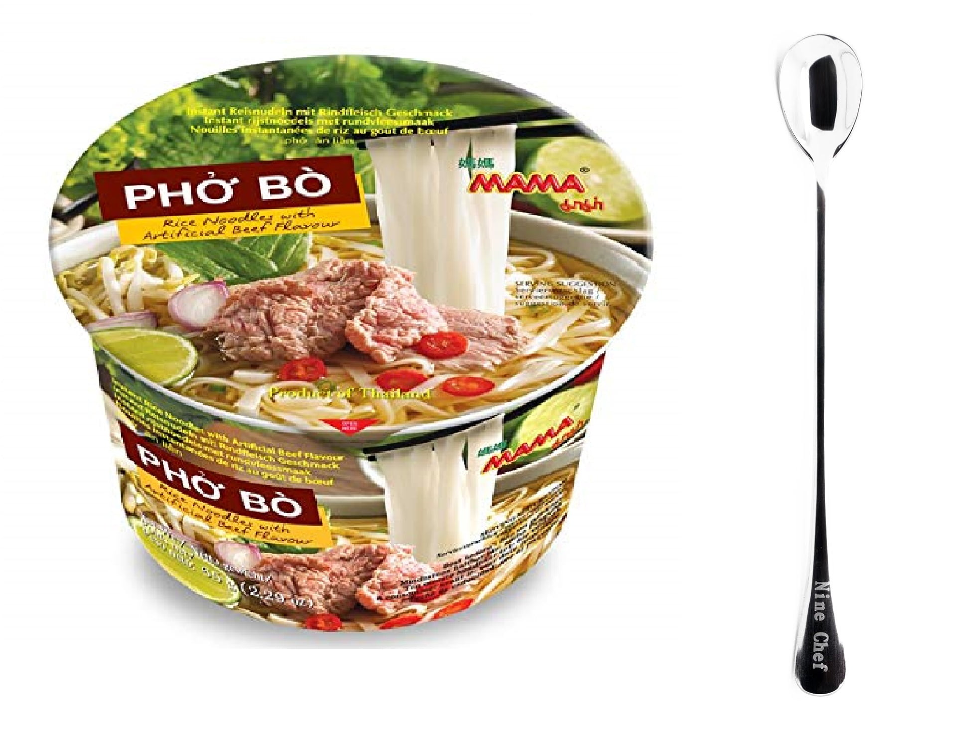 NineChef Set - MAMA Instant Bowl of Noodles with Delicious Thai Flavors (Pho Bo Artificial Beef Flavor, 6 Pack )plus NineChef Brand Spoon