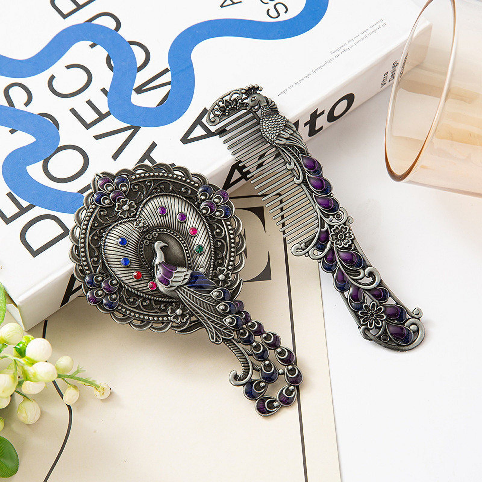 Vintage Ornate Brass Hand Mirror & Comb Set- Rhinestone Peacock Design s-l1200.jpg main image 3