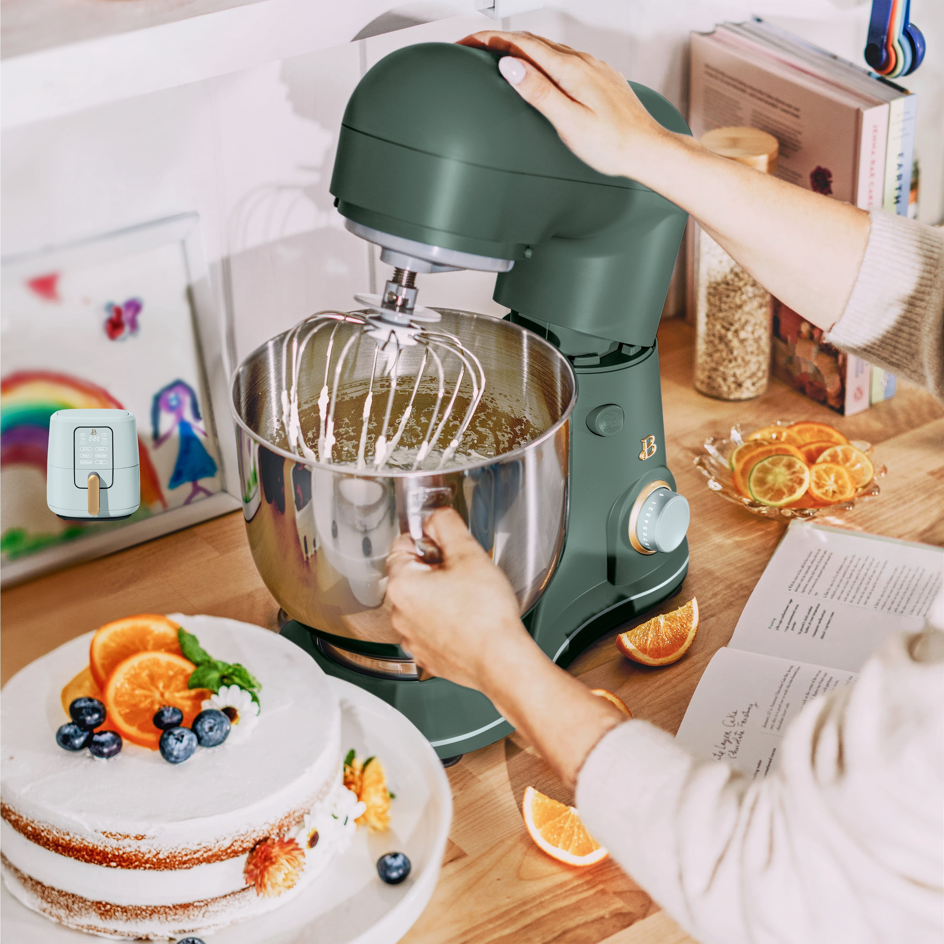 Beautiful 5.3 Qt Tilt-Head Stand Mixer with Flat Beater, Dough Hook & Balloon Whisk, Thyme Green and Hydrangea by Drew Barrymore