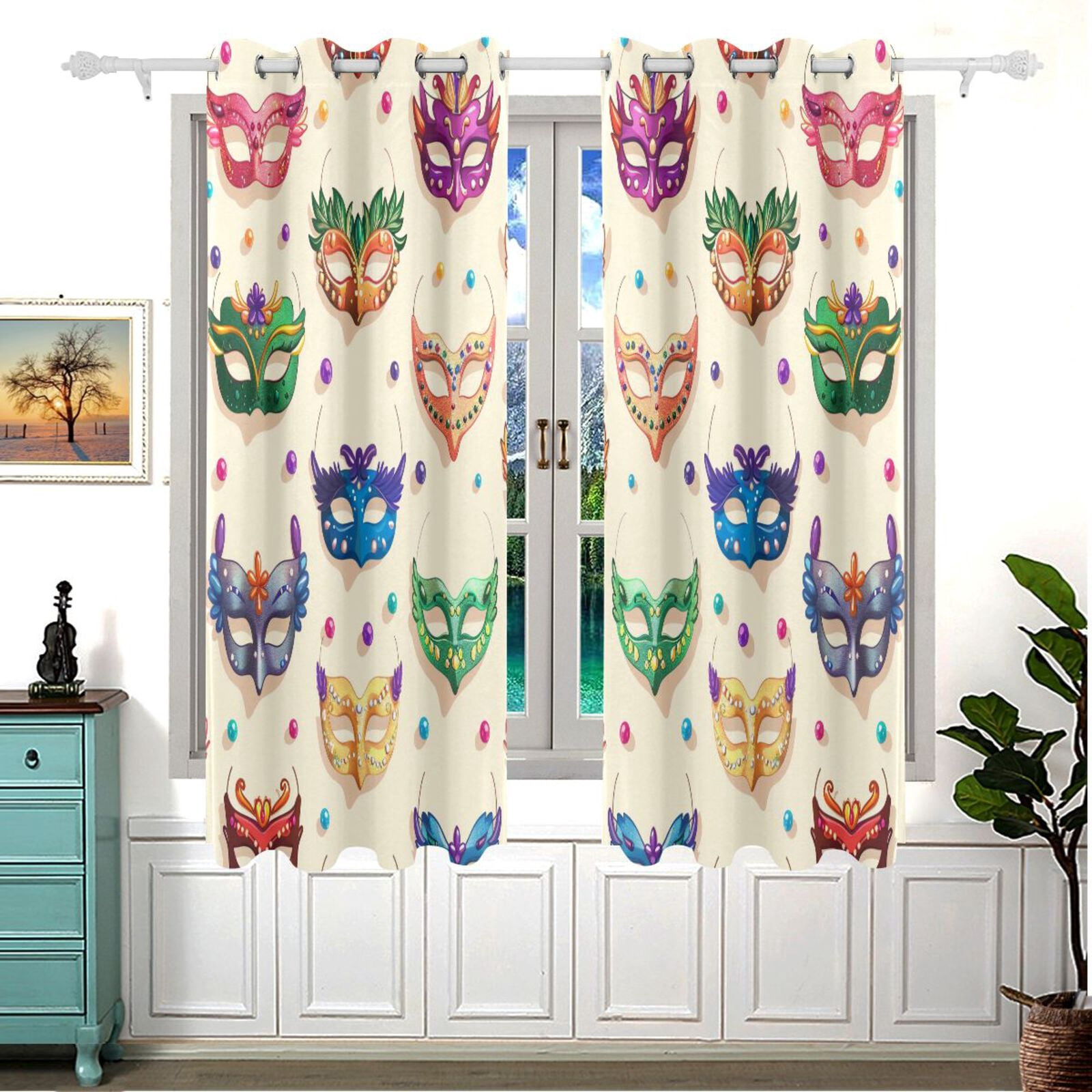 Carnival Masks Beads Curtains Black Out Curtains for Sliding Glass Doors Bedroom Living Room Bathroom 2 Panels Set