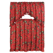 Kashi Home 3 Piece Christmas Decorative Kitchen Curtain Set, Ruffled Swag Valance & Tiers, Holiday Window Decor (Red Poinsettia)