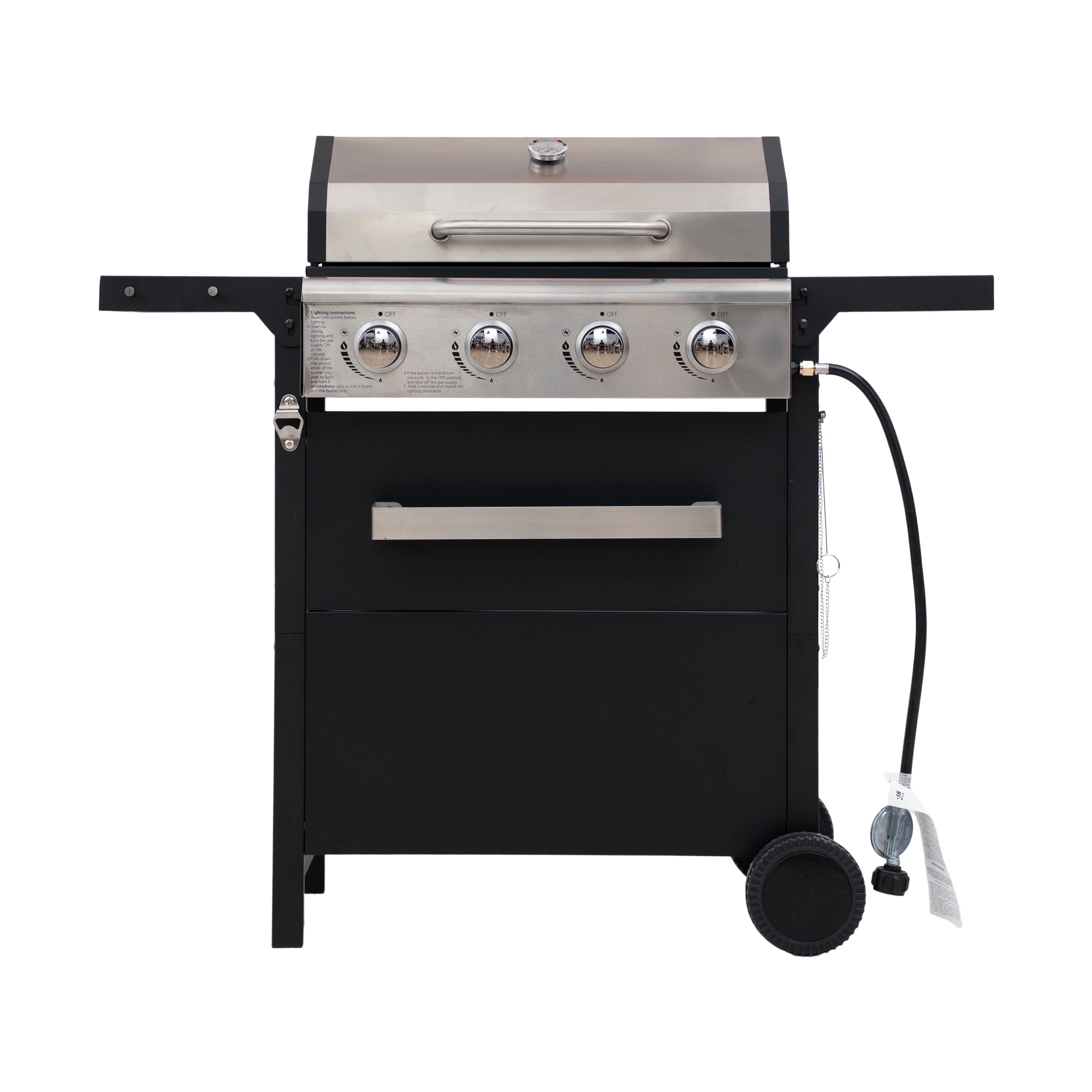 Seizeen 4-Burner Gas Grill, Propane Gas Grill with Stainless Steel Lid, Large Cooking Area, Side Shelves & Storage Cabinet, Portable Outdoor BBQ Grill