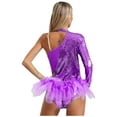 thumbnail image 2 of TSSOE Women Asymmetrical Latin Dance Leotard Sequins Long Sleeve Gymnastics Bodysuit Unitard Jazz Dance Tops Purple S, 2 of 2