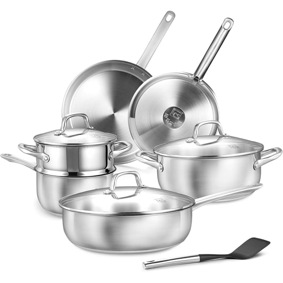 Koch Systeme CS 10-Piece Stainless Steel Cookware Set - Professional Grade, Induction Compatible Pots and Pans Set with Lids, Oven & Dishwasher Safe