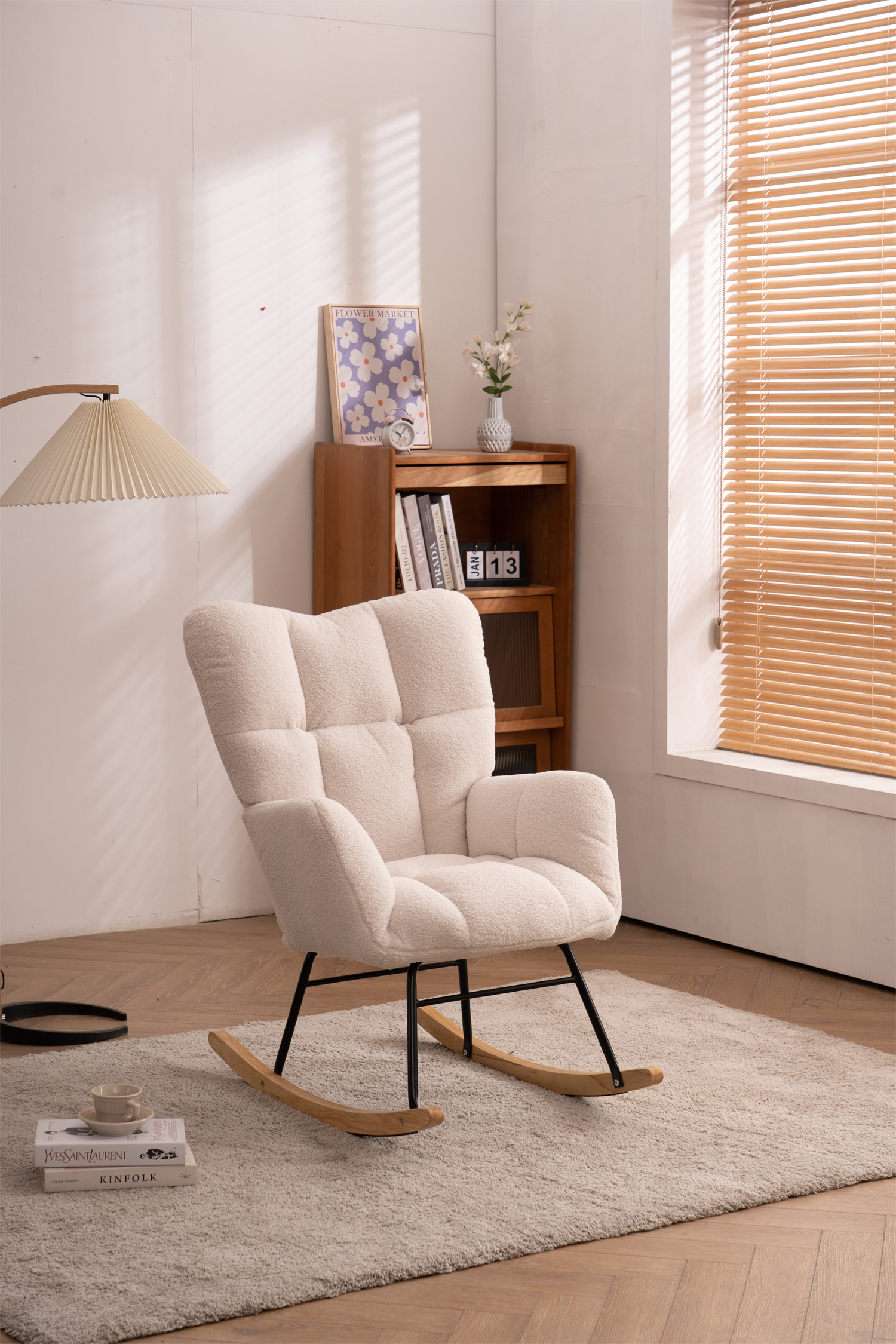 Teddy Fabric Seat Rocking Chair with High Backrest and Armrests Corrigan Studio Upholstery Color: Beige