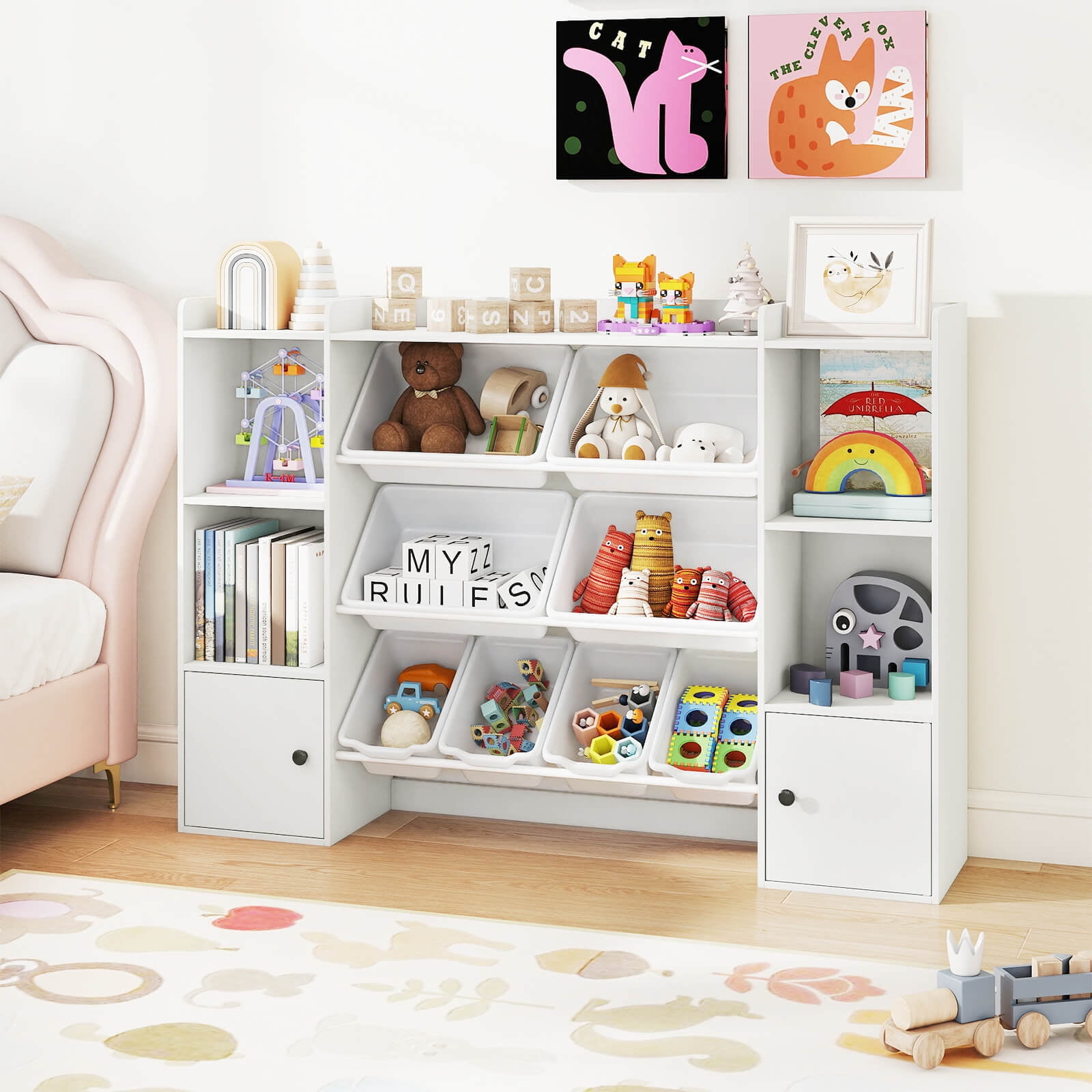Costway Kids Toy Storage and Bookshelf with 8 Boxes Open Shelves & 2 Single-door Cabinets White