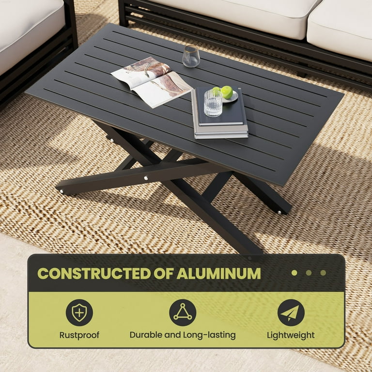Pellebant Patio Coffee Table Height Adjustable Aluminum Outdoor Side Table Black