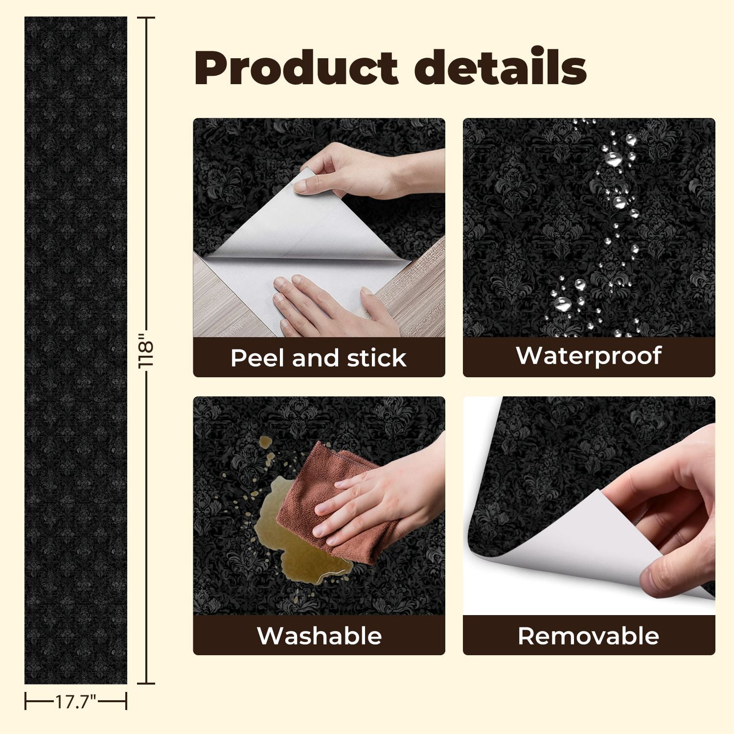 Vintage Peel and Stick Wallpaper 17.7in x 9.8ft Elegant Black Damask Ornate Floral Design Contact Paper Vinyl Waterproof Self Adhesive Wall Paper for Bedroom Shelf Cabinet Renter Friendly