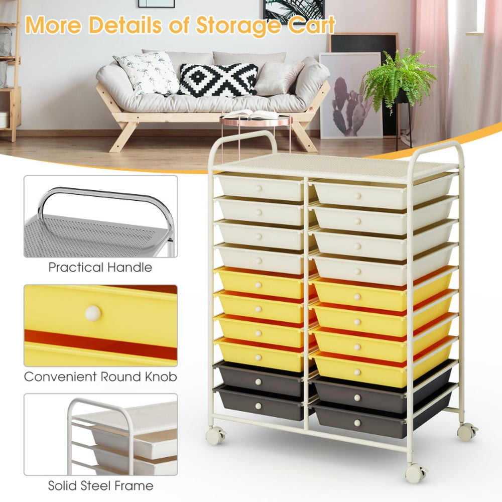 Demi Bonn 20 Drawers Storage Rolling Cart Studio Organizer with 4 Universal Casters, Yellow & Beige & Gray