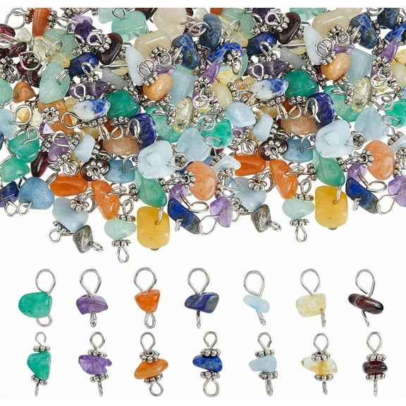 84Pcs 7 Colors Gemstone Chip Charms Natural Stone Link Charms Double Loops Connector Silver Stone Charm DIY Jewelry Making for Necklaces Bracelets Anklets