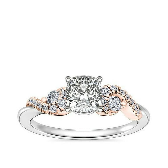 0.70 Ct Cushion Genuine Diamond Beautiful Two-Toned Solitaire with Accents Wedding Ring for Women Solid 14K White Gold Size 7