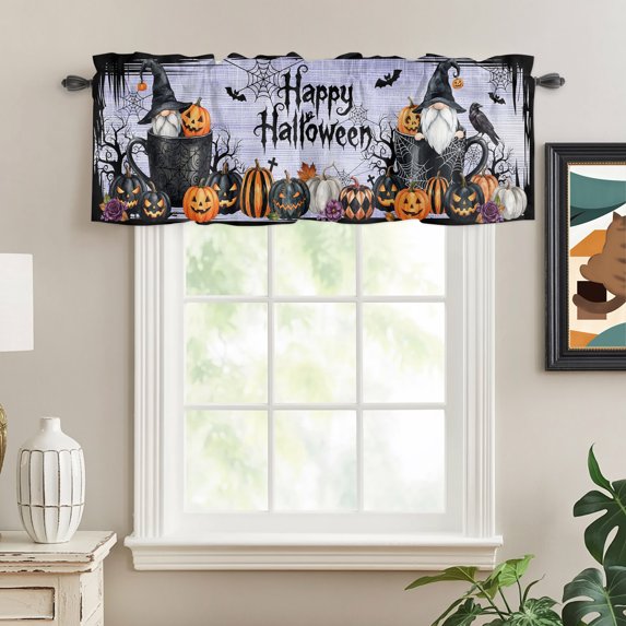 Gnomes Halloween Rod Pocket Curtain Valance, Horror Pumpkins Black Trees Purple Farmhouse Window Valance for Living Room, Bedroom, Kitchen 60"W x 18"L