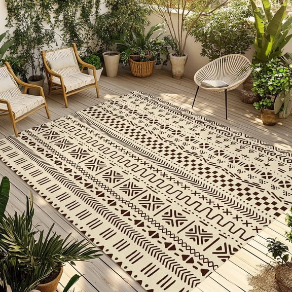 Abstract Boho Outdoor Rug for Patio/Deck/Porch, Non-Slip Large Area Rug 5 x 7 Ft, Modern African Ethnic Geometric Beige Indoor Outdoor Rugs Washable Area Rugs, Reversible Camping Rug Carpet Runner