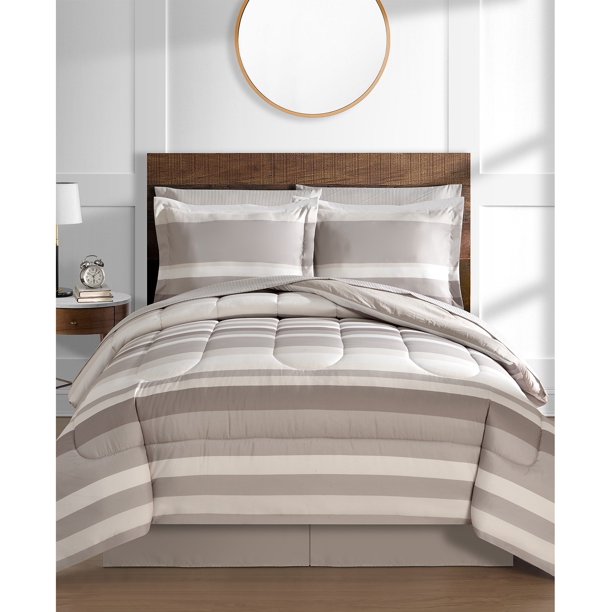 Tan Khaki Brown Stripe Boys Reversible Queen Comforter Set 8 Piece Bed In A Bag Com Tan Khaki Brown Stripe Boys Reversible, Austin 8 Pc Reversible King Bedding Ensemble