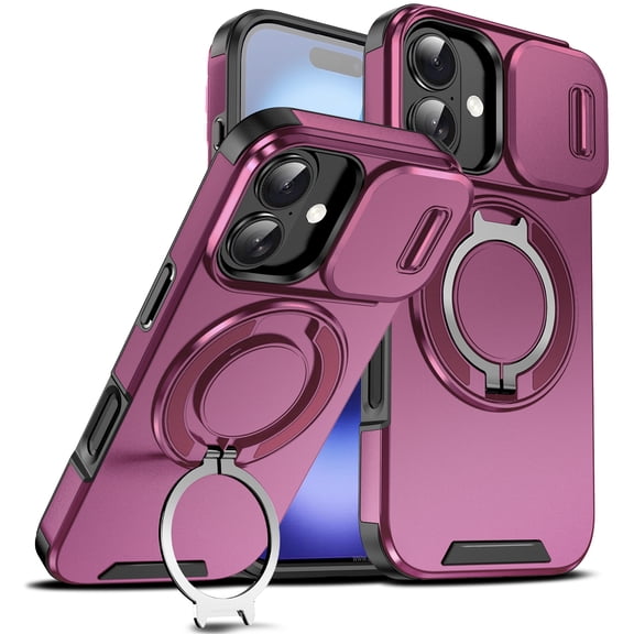Skyskine For iPhone 17 Case with Tempered Glass Screen Protector, Built-in 360° Magnetic Ring Kickstand, Military Heavy Duty Shockproof Rugged Sliding Camera Lens Cover,Cherryred