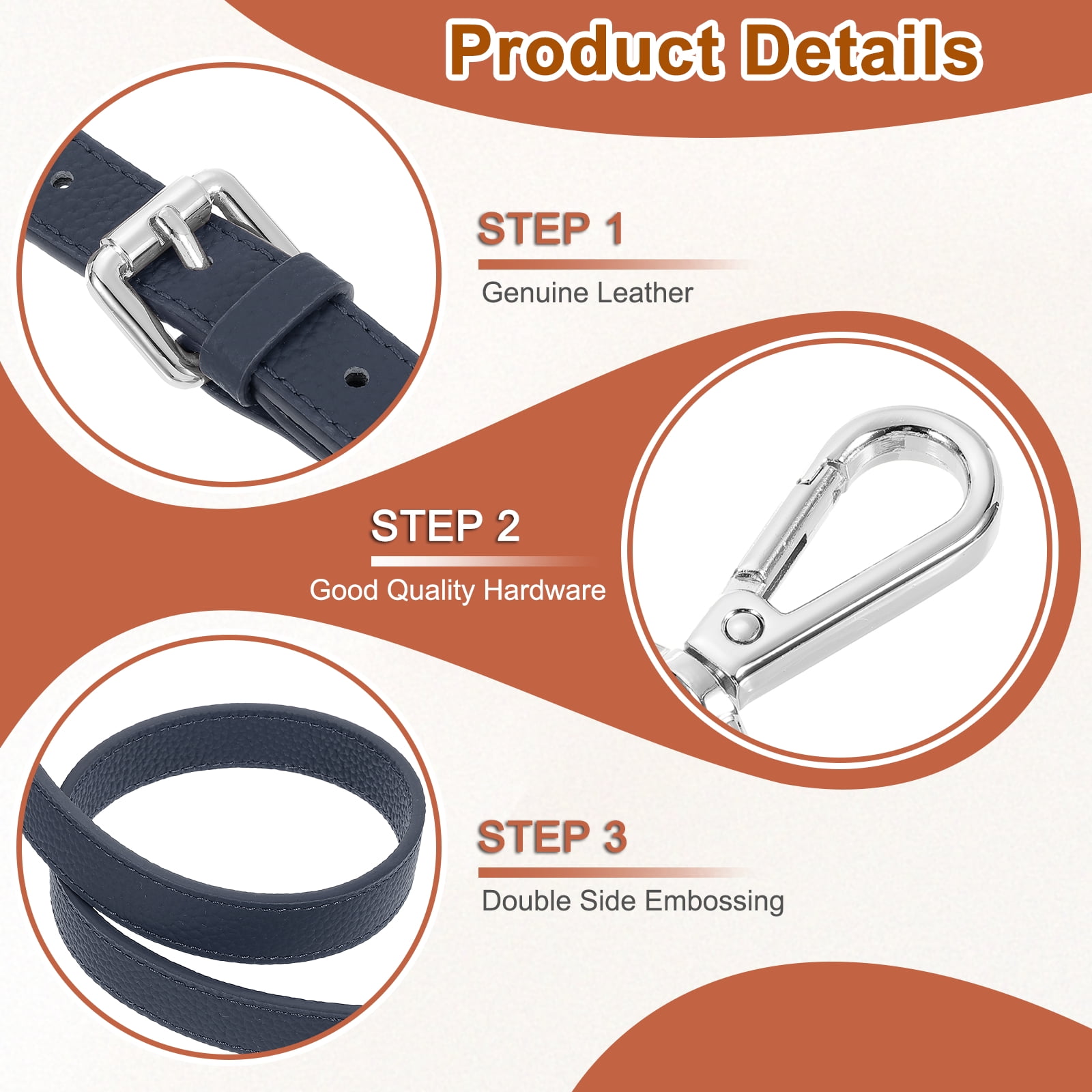 1" Genuine Leather Purse Strap for Bag (Dark Blue, Silver Buckle)