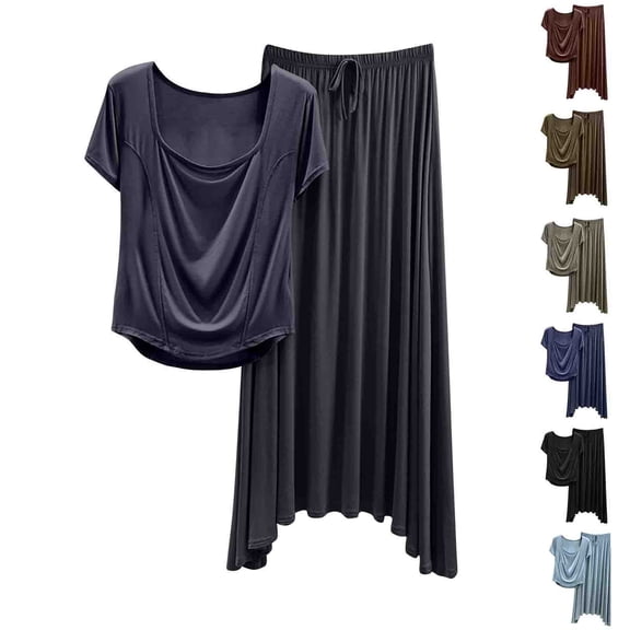 HBGVBA Womens 2 Piece Plus Size Outfits Set Short Sleeve Maxi Skirt Pajama Set Loose Thin Breathable Casual Summer Home Outfit