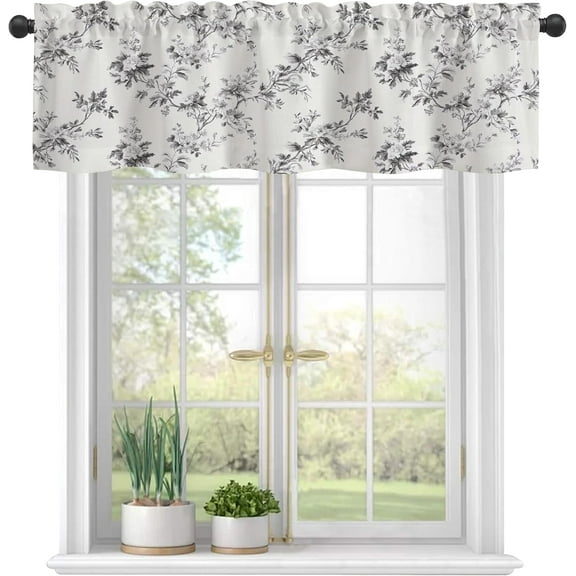 Valances Curtains for Windows,Gray Retro Flowers and Branches Semi Sheer Curtain Valances, Rod Pocket Short Window Treatment Light Filtering Decor Valances for Kitchen Bedroom - 54"x18"