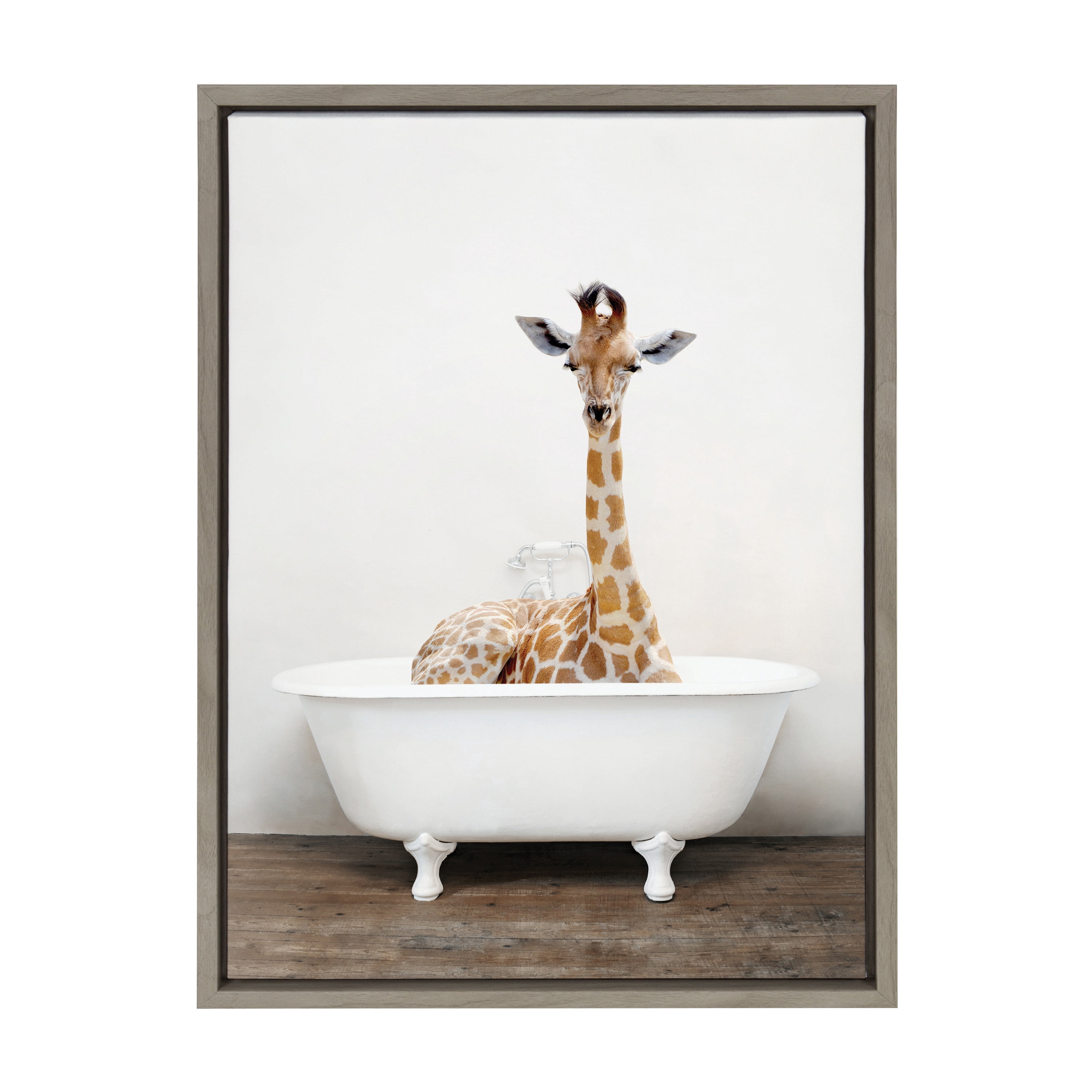 Kate and Laurel Sylvie Giraffe 2 in the Tub Color Framed Canvas Wall Art by Amy Peterson Art Studio, 18x24 Gray, Modern Fun Decorative Bathtub Wall Art for Home Décor