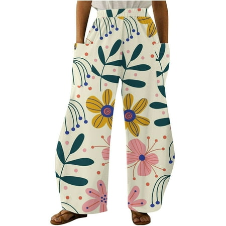 

PIMOXV Wide Leg Pants for Women Summer High Waist Elastic Color Feather with Pockets Full Length Pant Jogger Scrub Pants for Women