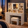 thumbnail image 5 of Ktaxon Large 47.2" Makeup Vanity with 3 Color Lights, Vanity Desk with USB Charging Station, Vanity Makeup Table with Visible Drawers, Hidden and Open Storage Shelves, White, 5 of 12