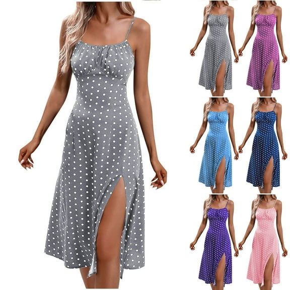 Akafmk Summer Dresses for Women Casual Dresses,Solid Color Round Neck Dress Sleeveless Spaghetti Straps Midi Dresses Split Hem A Line Beach Sundress