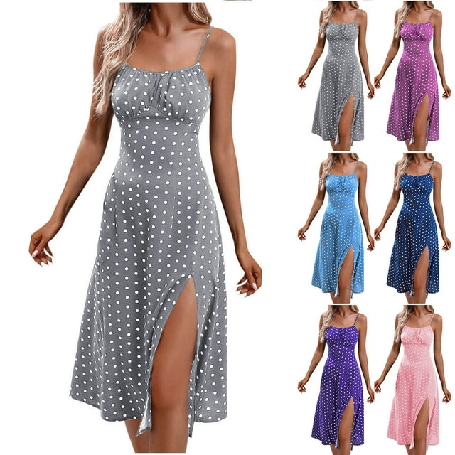 ZVAVZ Robes d'Été pour Femmes 2025 Vacances, Mode Été Dames Pois Robe à Bretelles Sans Manches Décontractée Fendue Plage Robes Évasées Rose Vif,L