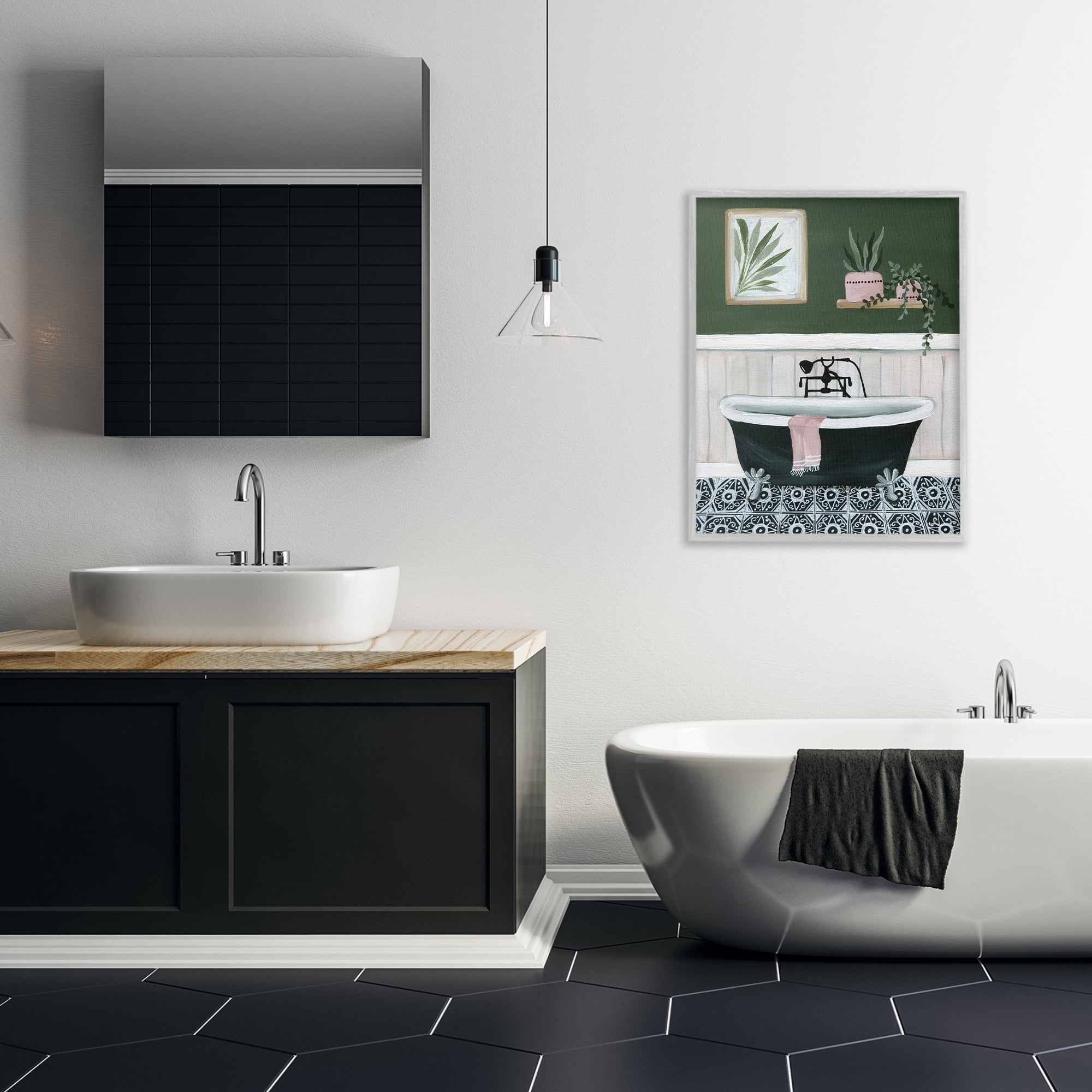 Stupell Industries Green Bathroom Scene Typography Painting Gray Framed Art Print Wall Art, 24 x 30