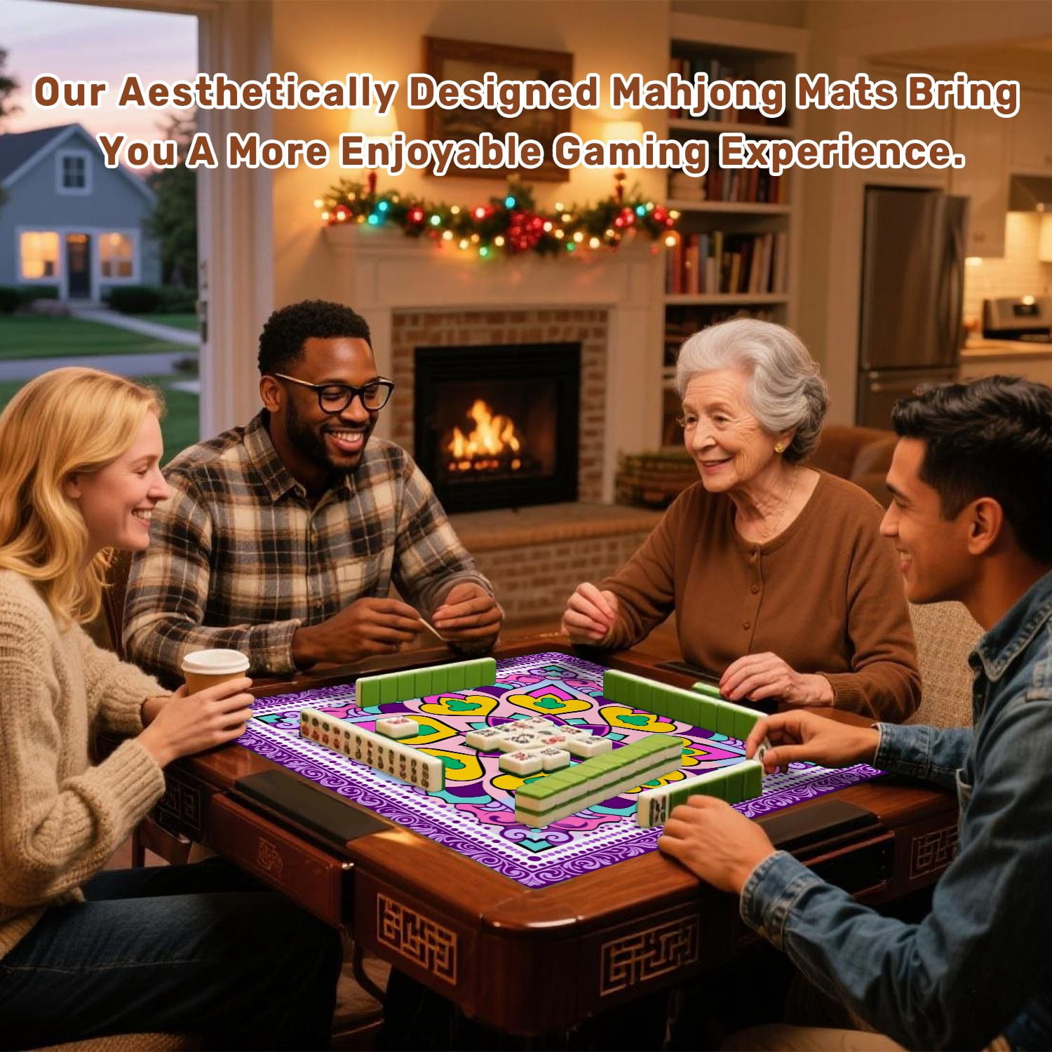 Mahjong Mat 31.5" x 31.5" Colorful Heart Floral Mandala Purple Pink Tones Non-Slip Noise Reduction American Mahjong Tiles Table Cover for Dominoes Poker Card Board Games Gift