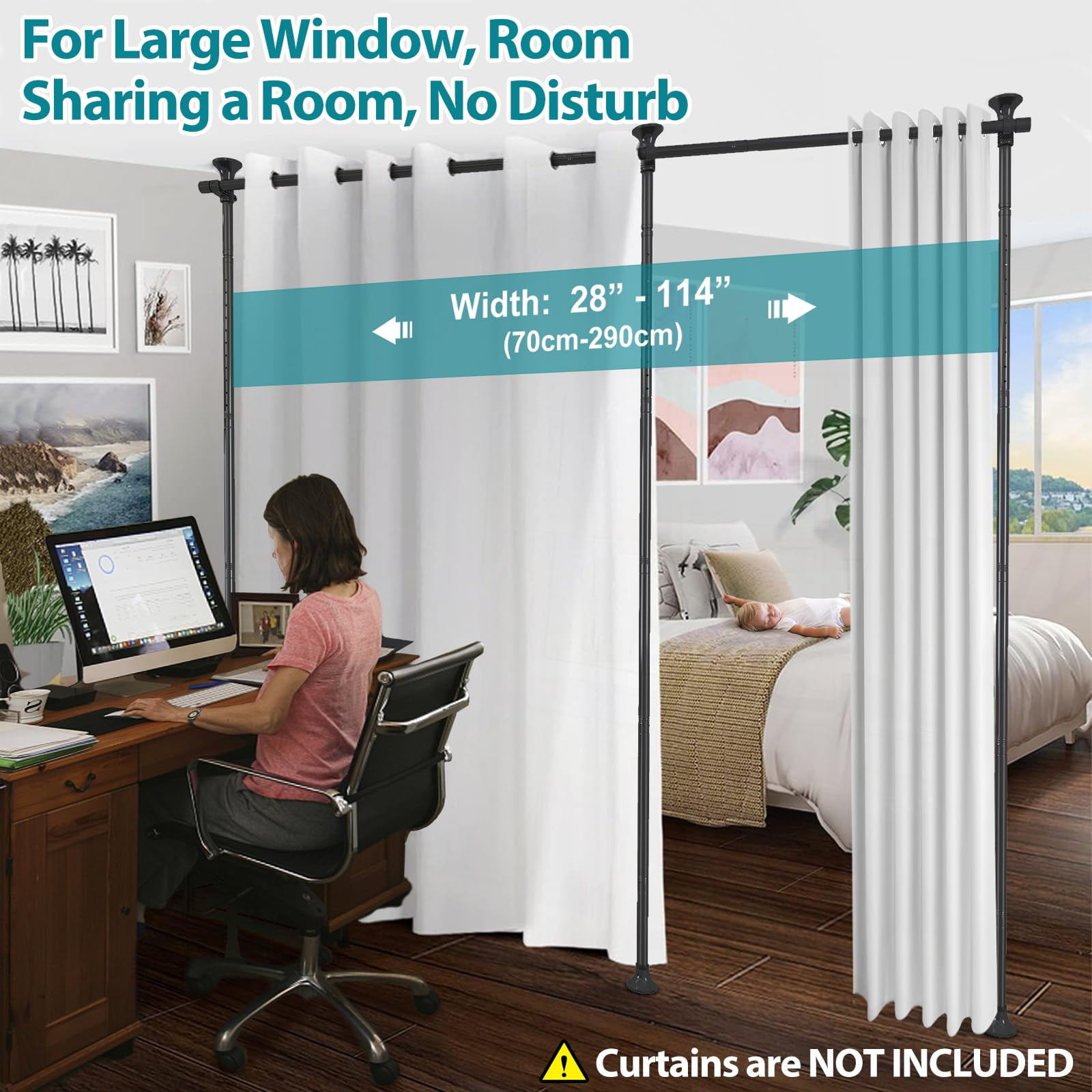 IHOMEPARK Room Divider Curtain Rod, No Drilling Rod, 48-120inch (H) 28-144inch(W) Adjustable Partition Hanging Room Divideto Ceiling Self Stand for Space Partition, Black