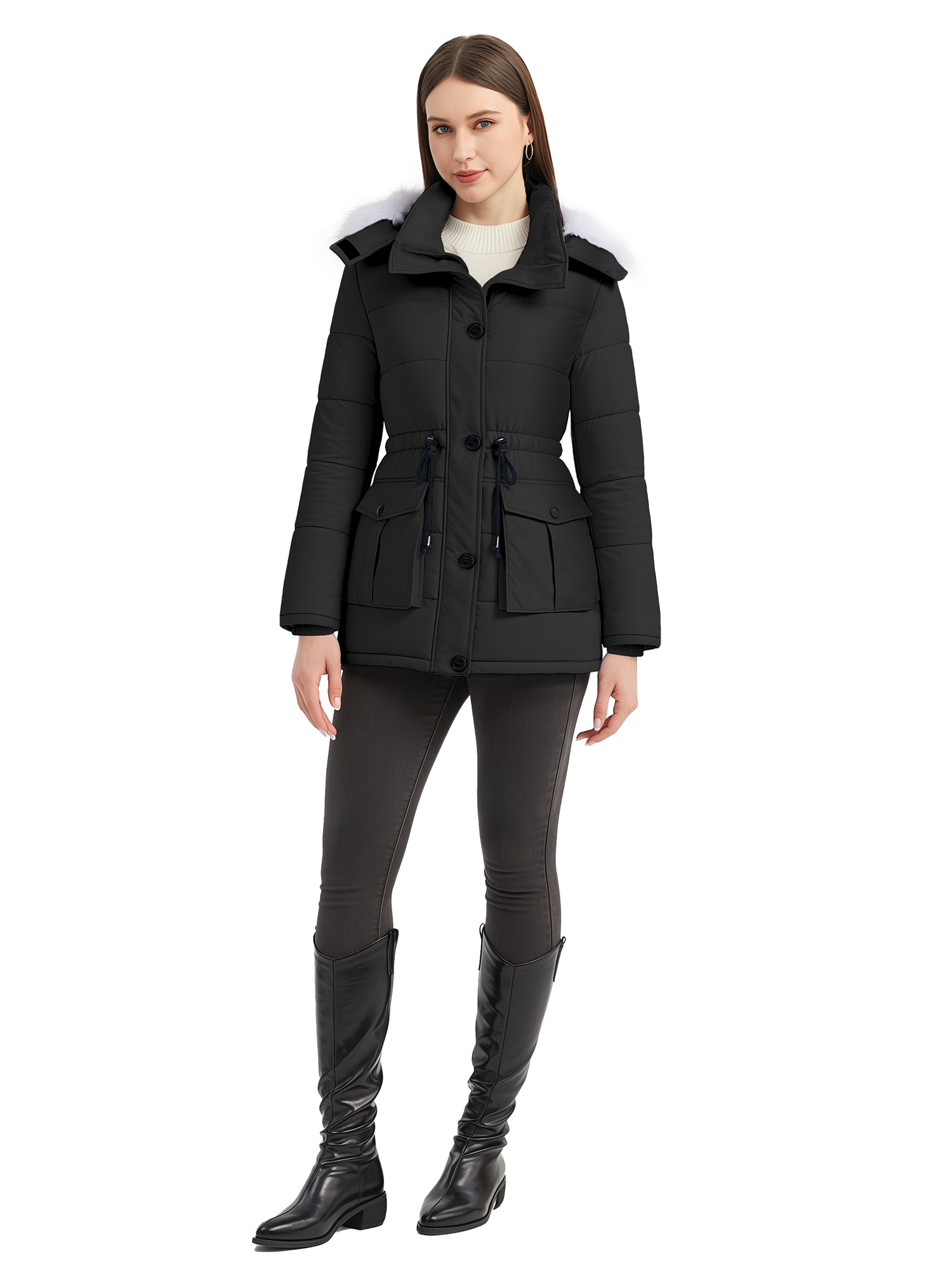 Women's Winter Puffer Coat with Removable Hood Waterproof Warm Jacket Thickened Insulated Parka Black L