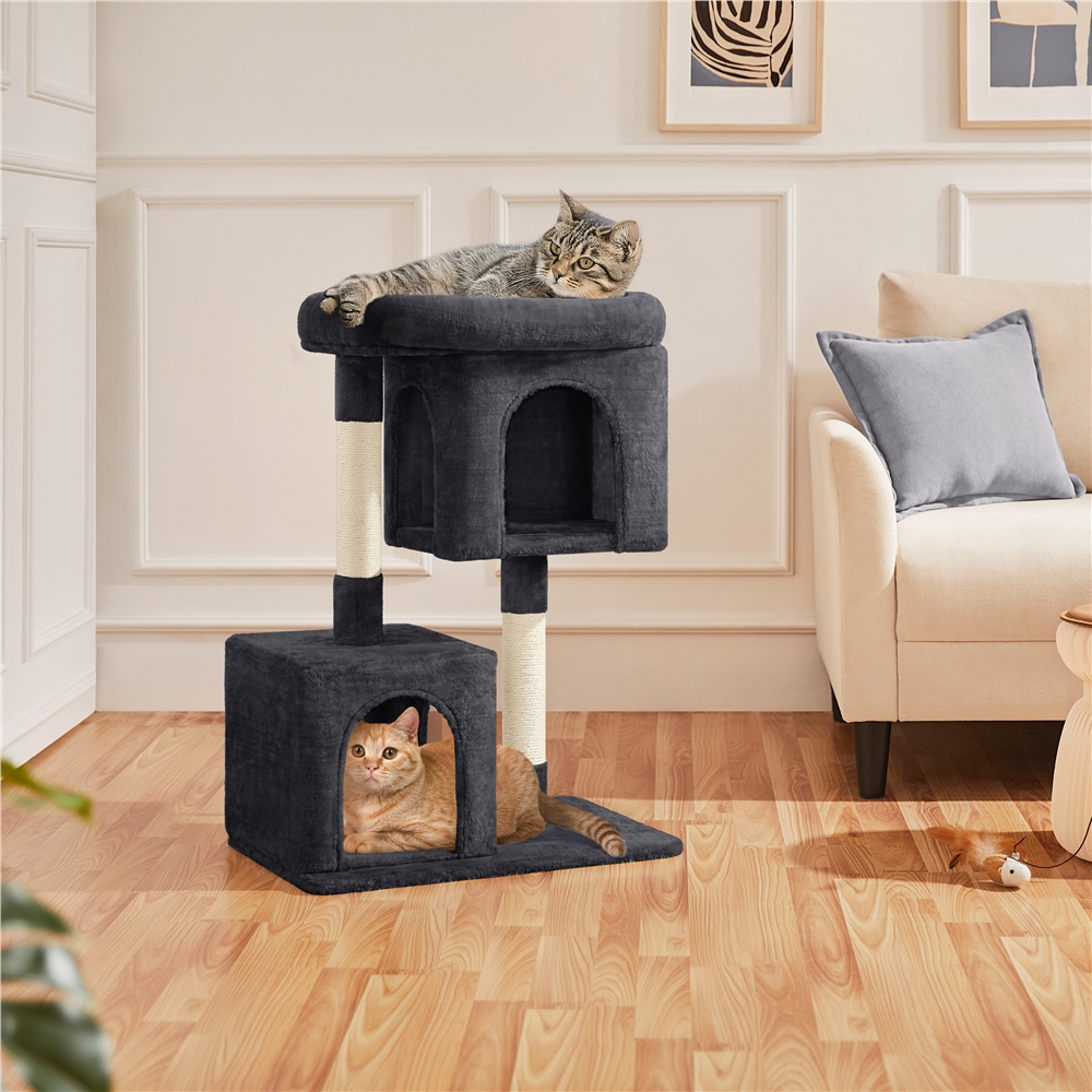 Alden Design 33.5"H Multilevel Plush Cat Tree with Scratching Posts Basket, Black