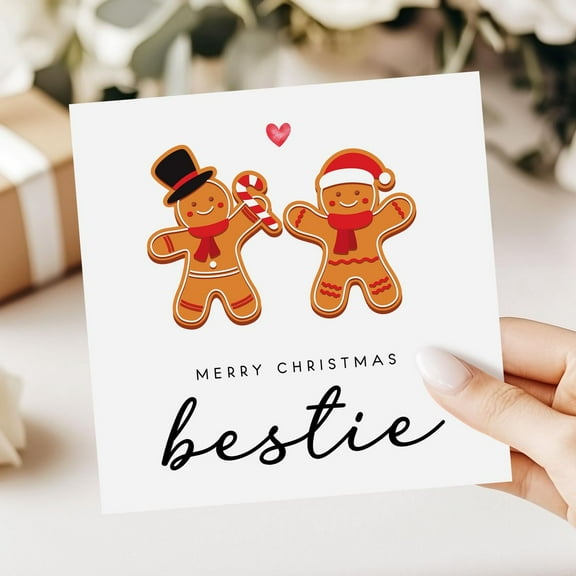 Merry Christmas Bestie Card – Adorable Gingerbread Design – Perfect Holiday Greeting for Friends – Blank Inside, Envelope Included